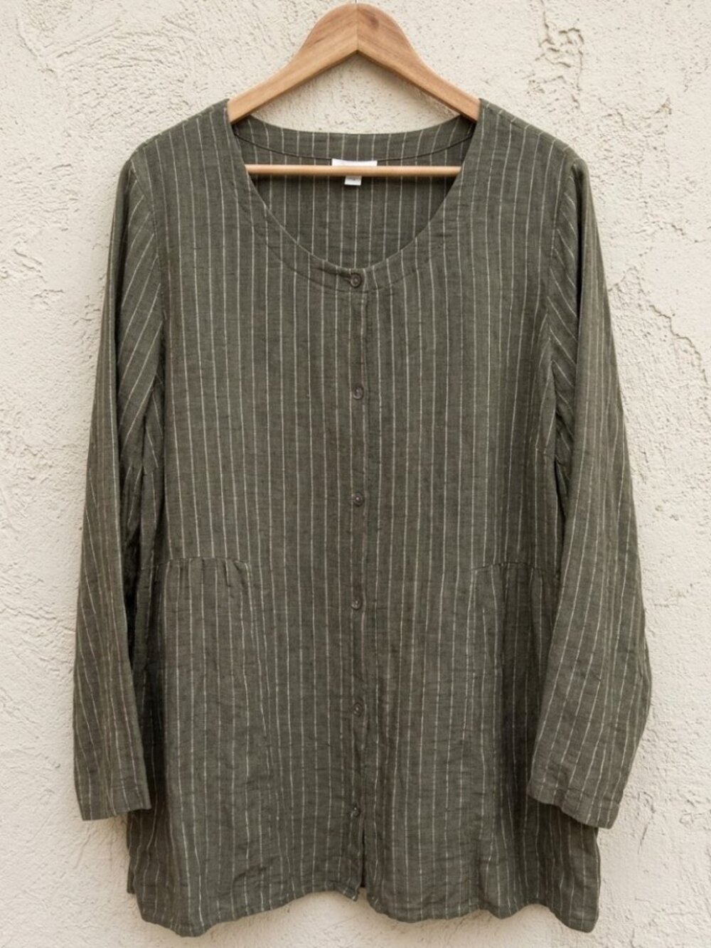 Pure J.Jill XL 100% Linen Tunic Top Shirt Blouse Striped Big Pockets Green White